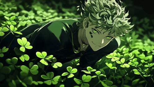 Anime boy with green eyes hiding in glowing clover field.