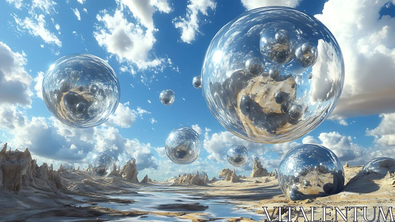 Reflective spheres hover above eroded desert landscape