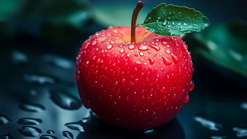 Red apple glistens with water droplets on dark surface.