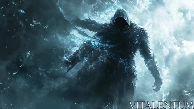 Hooded spectral warrior emerges from swirling icy void