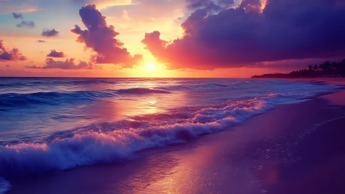 Coastal shoreline with low waves under vivid sunset sky.