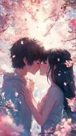 Blossom-kissed lovers pausing time beneath a pastel sky.