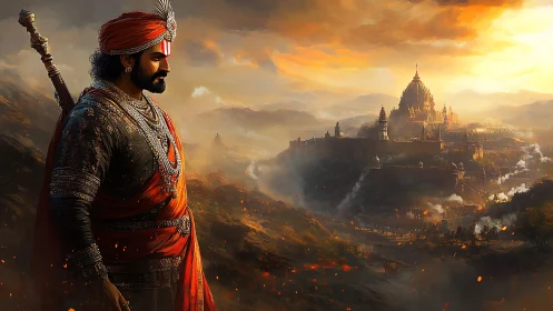 Warrior prince overlooking burning temple citadel at dusk.