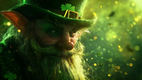 Leprechaun portrait in green light with shamrock hat detail.