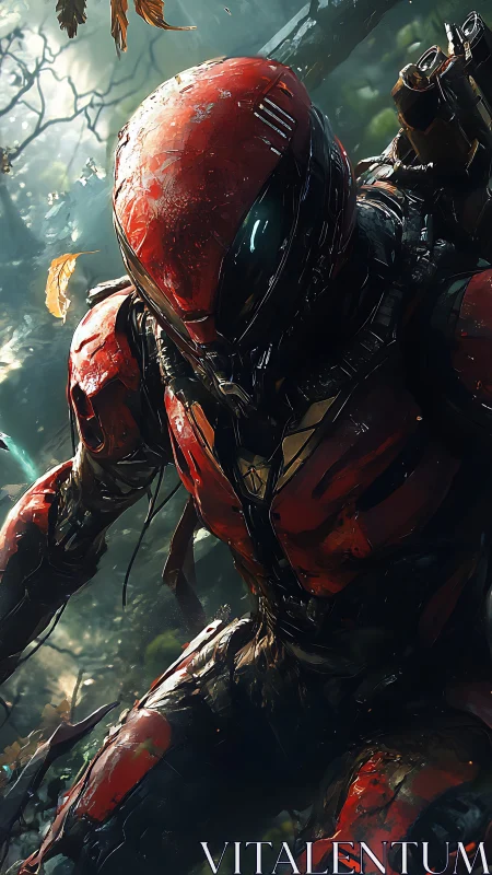 Armored red sci fi soldier crouches in dense forest