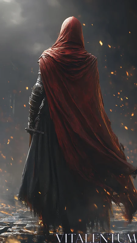 Hooded warrior in red cloak stands amid drifting embers