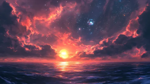 Starlit tides cradle a molten sunset beneath cosmic clouds