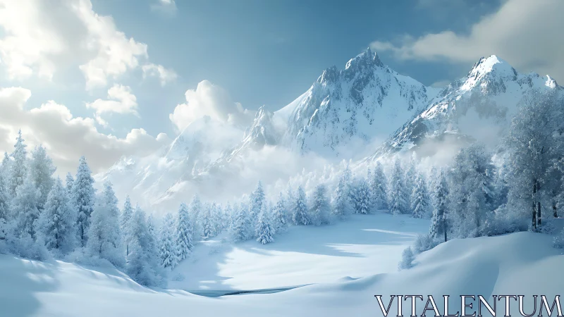 Whispering winter valley beneath daydreaming alpine giants.