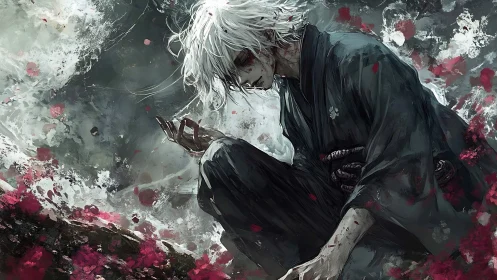 Storm-kissed warrior bows amid swirling petals and memory