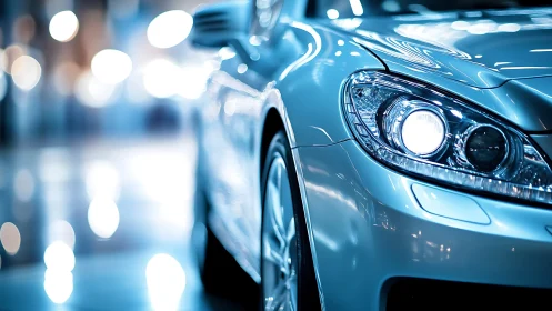 Close-up view of modern silver car headlight and bodywork.