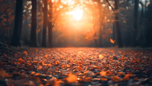Backlit autumn forest path with drifting amber leaves at dusk.