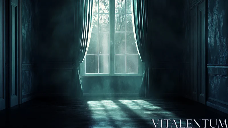 Moonlit window floods an empty, misty room with silence