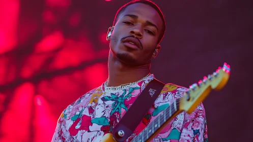 Stage-lit guitarist in shallow depth-of-field red concert lighting