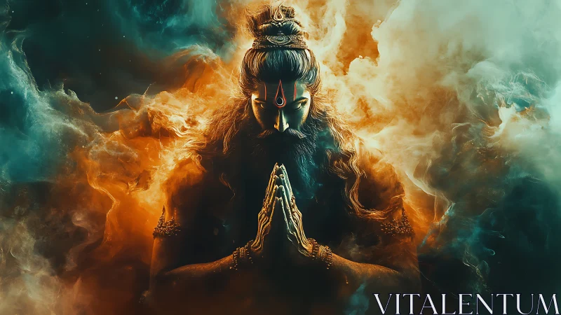 Mystic yogi in flaming cosmic aura bows in silent prayer.