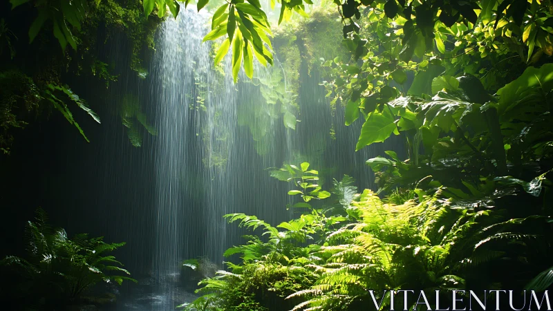 Rainforest Waterfall Among Verdant Canopy and Fern Undergrowth.