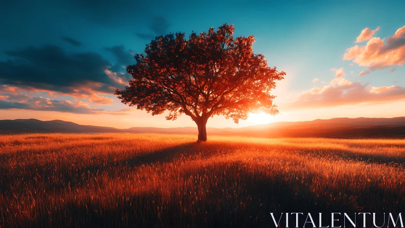 Lone tree glows in fiery sunset over golden meadow field.