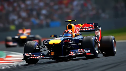 Formula 1 car leads fast corner with rival in background