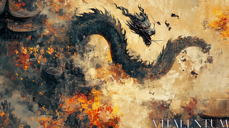 Mythic serpentine dragon emergent through incendiary brushwork.