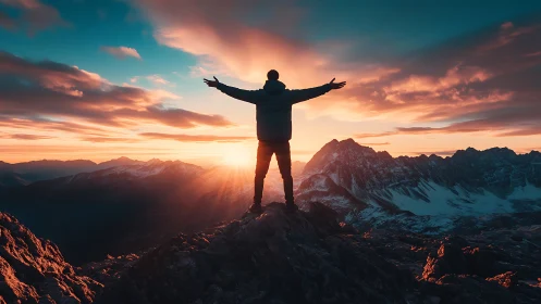 Silhouetted hiker embraces sunrise atop dramatic peaks