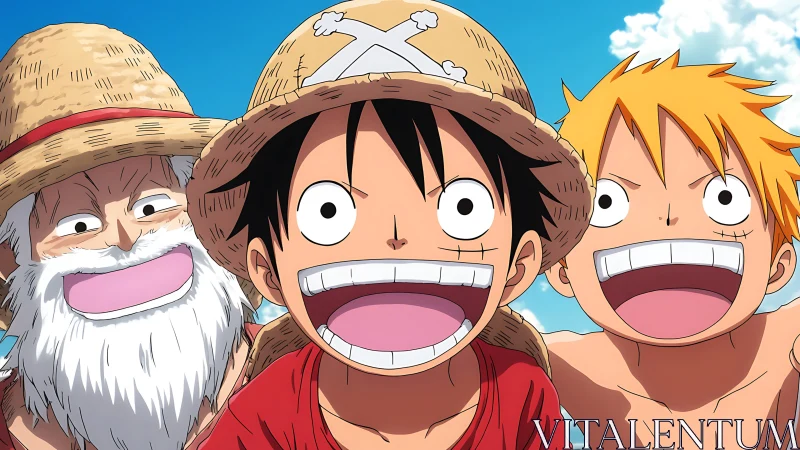 Straw hat anime trio with exaggerated smiles outdoors.