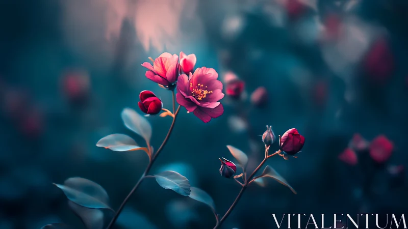 Pink Blooms in Deep Teal Garden Light.