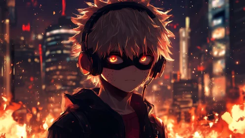 Masked youth with burning eyes walks through neon inferno.