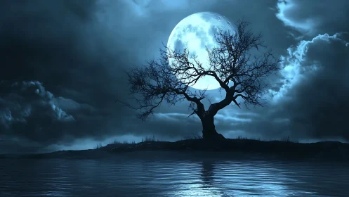 Nocturnal shoreline tree silhouetted against oversized full moon