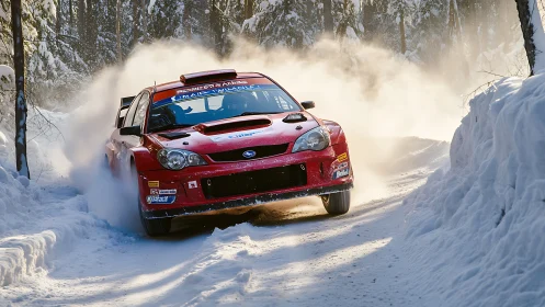 Crimson rally rocket car slicing through sunlit winter snowstorm.