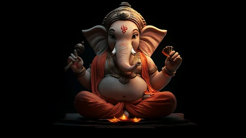Gentle Ganesha glows in ember-lighted digital serenity