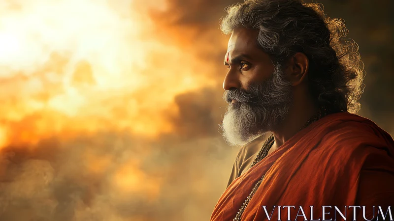 Elderly sage in orange robes against glowing sky backdrop.