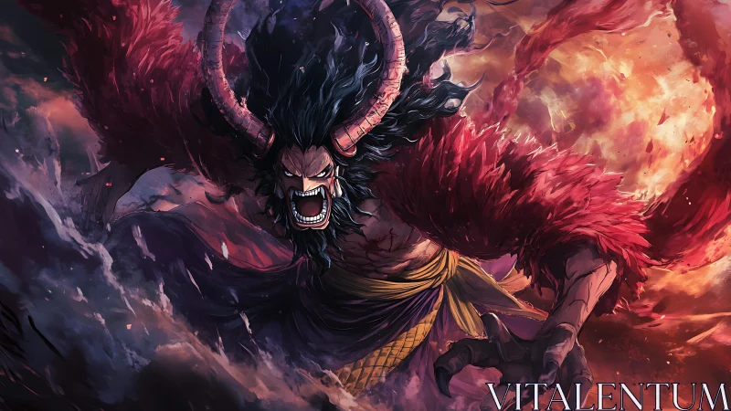 Horned humanoid figure in red cloak amid swirling clouds.