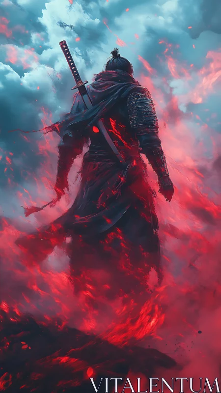 Armored samurai silhouette in red ethereal flame and storm clouds