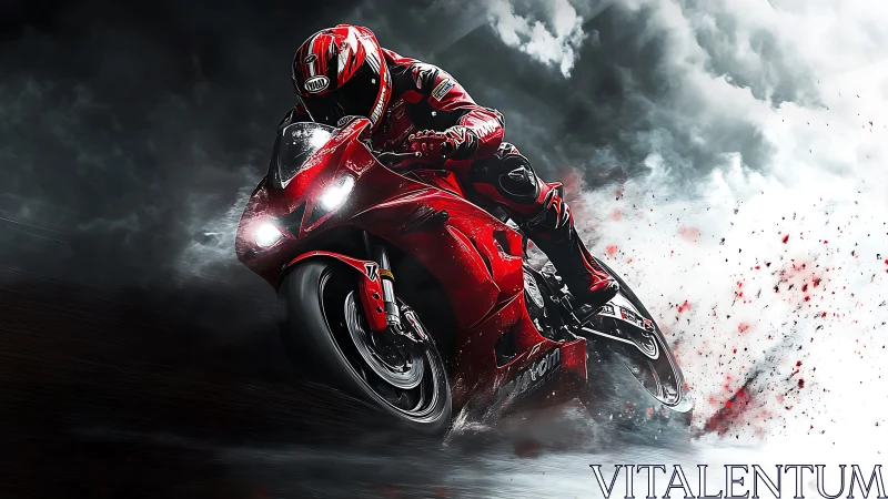 Scarlet thunderbike carving through stormborn speed clouds.