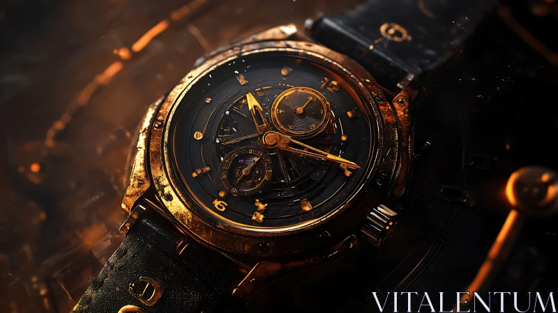 Photorealistic macro of weathered bronze mechanical wristwatch.
