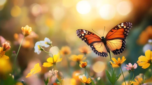Monarch butterfly hovers over wildflower meadow in golden bokeh