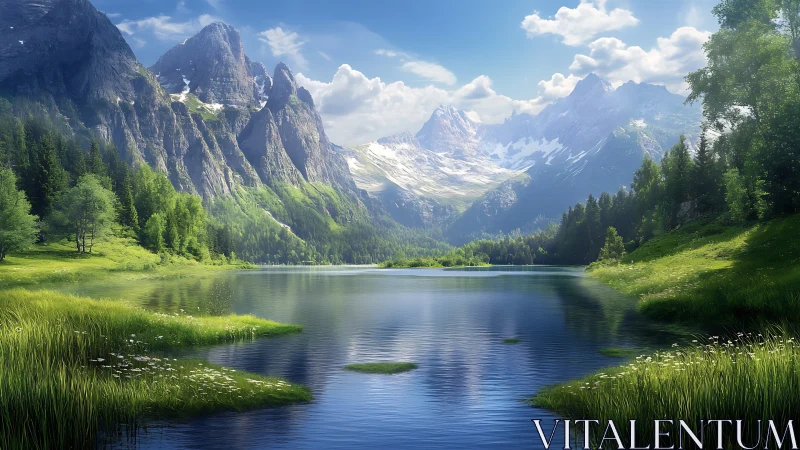 Mountain lake with conifer forest and distant snowy peaks.