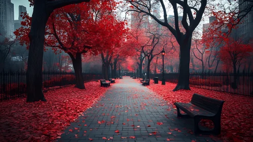 Scarlet autumn park path glows through a quiet city evening