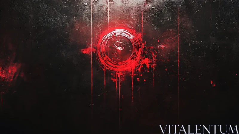 Crimson circular glyph brushed over distressed black field.