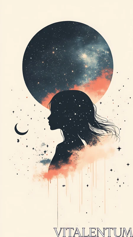 Silhouetted female profile merges with cosmic lunar nebula