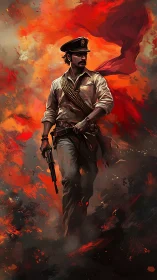 Rebel officer strides through wildfire skies of revolt.