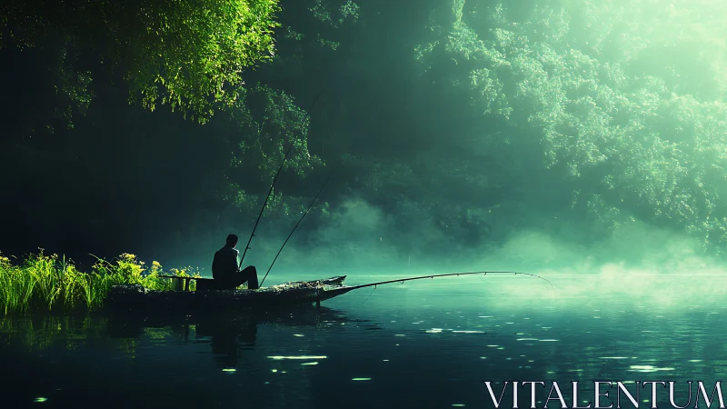 Solitary angler drifting through misty emerald river hush.