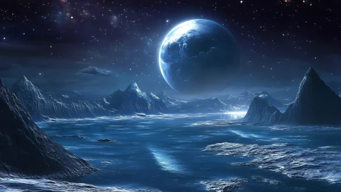 Frozen alien seascape under distant luminous planet.