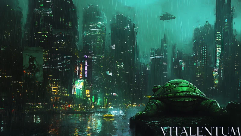 Cybernetic turtle sentinel overlooking neon monsoon megacity.