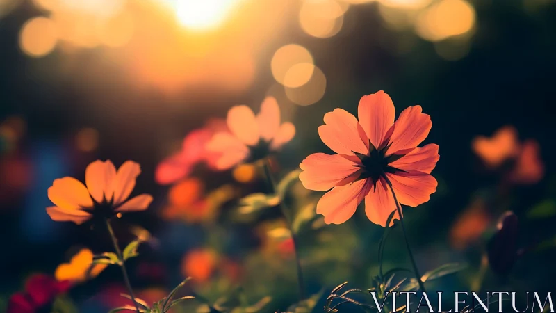 Backlit orange cosmos blossoms rendered in shallow depth of field