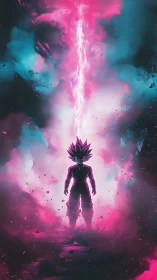 Energy-charged warrior stands in neon storm of rising power