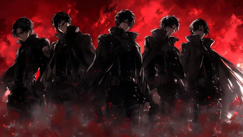 Dark uniformed squad stands against burning crimson sky