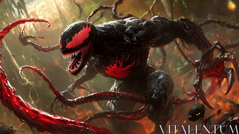 Crimson symbiote beast charging through a burning jungle.