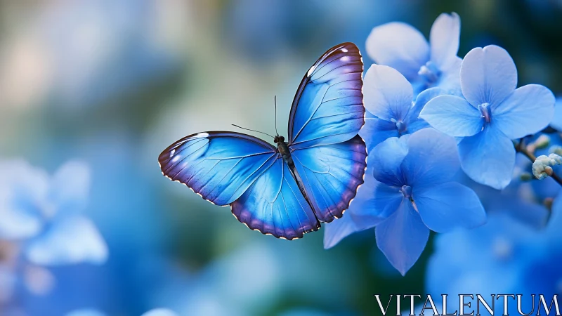Blue morpho butterfly rests on vivid hydrangea blooms.