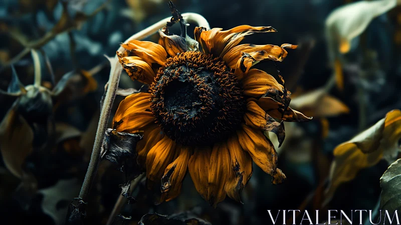 Withered sunflower head in low light among blurred foliage.