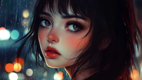 Soft city lights cradle a soulful girl in the quiet rain